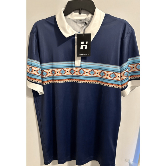 Hawalili Men’s Blue Southwest Pattern Polo Shirt Sz Medium NWT - Picture 2 of 10